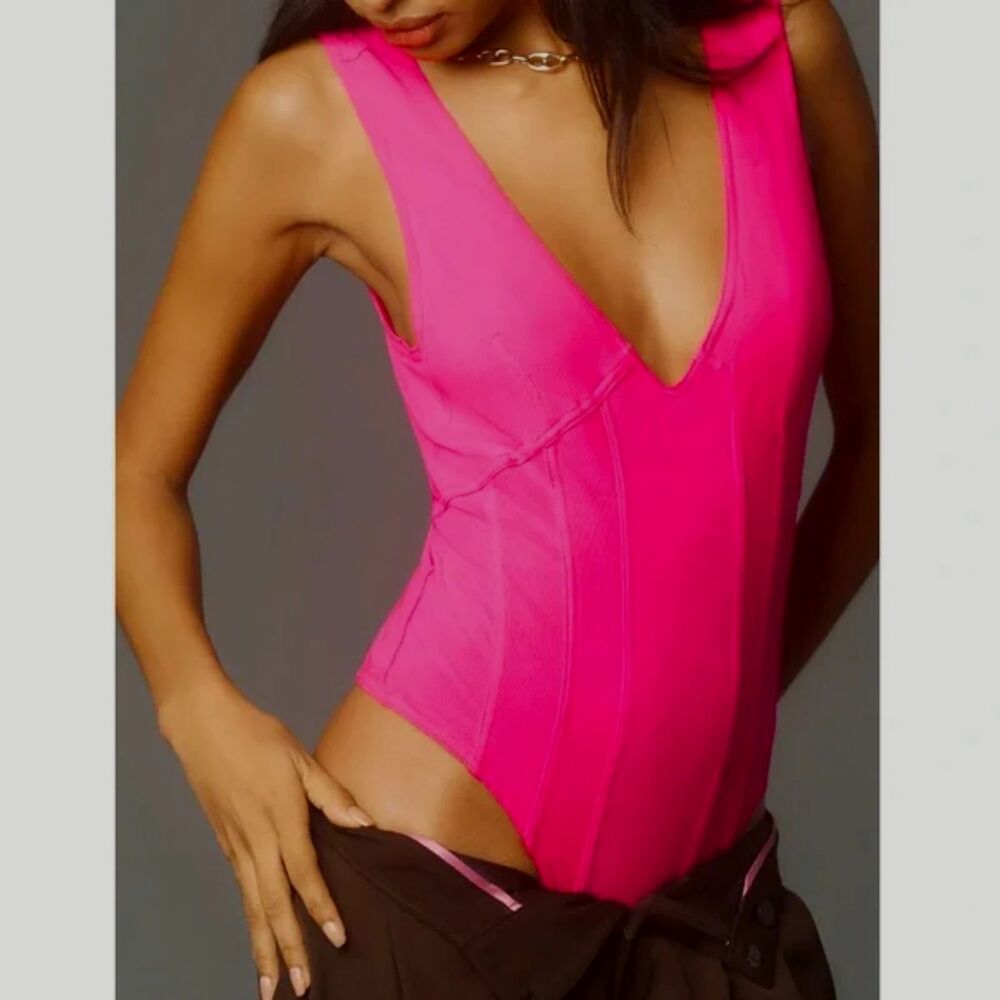 Anthropologie Pilcro Hot Pink Plunge Bodysuit Size S NWT